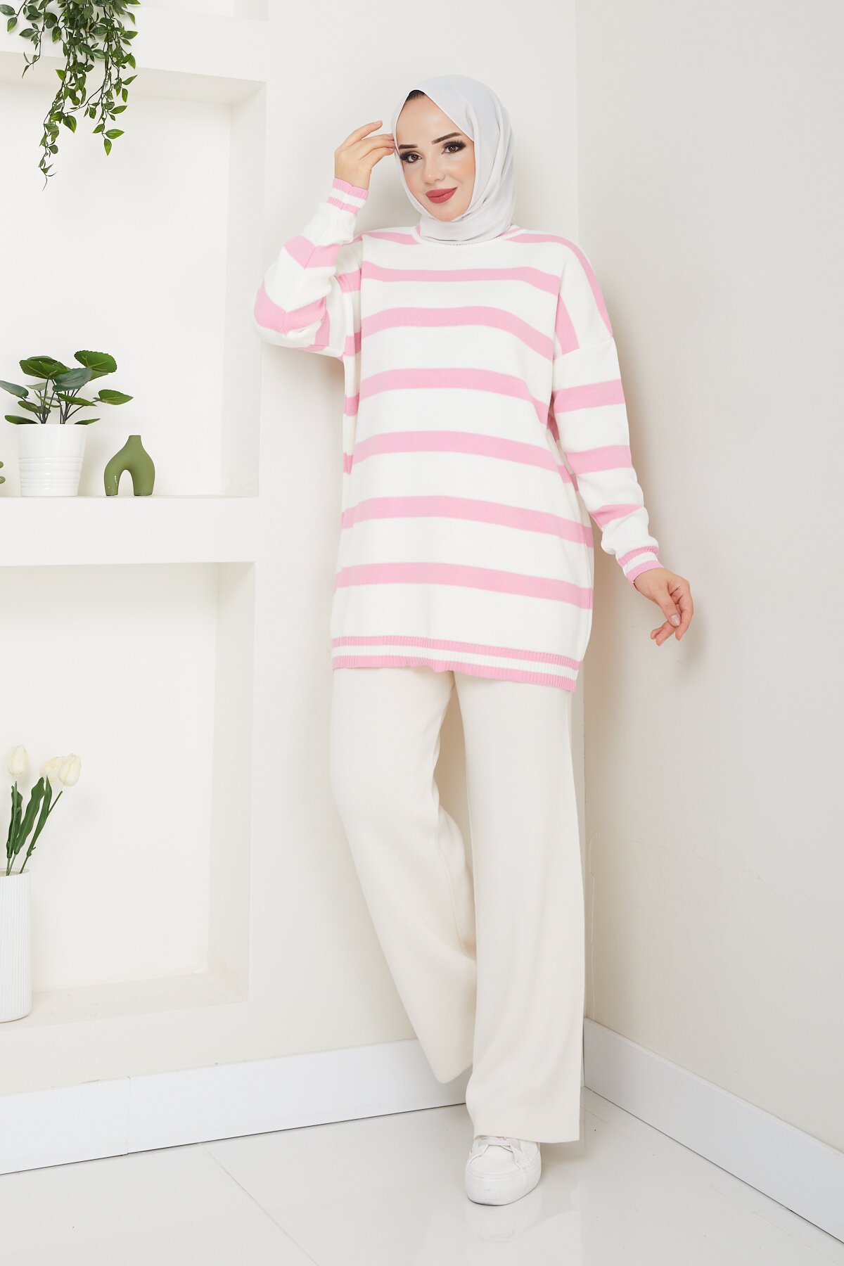 KALIN ÇİZGİLİ UZUN KAZAK-PEMBE