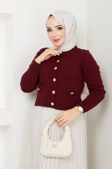 GOLD DÜĞMELİ SAHTE CEPLİ CROP HIRKA-BORDO