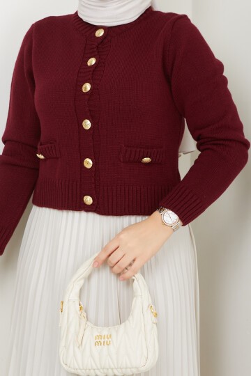 GOLD DÜĞMELİ SAHTE CEPLİ CROP HIRKA-BORDO